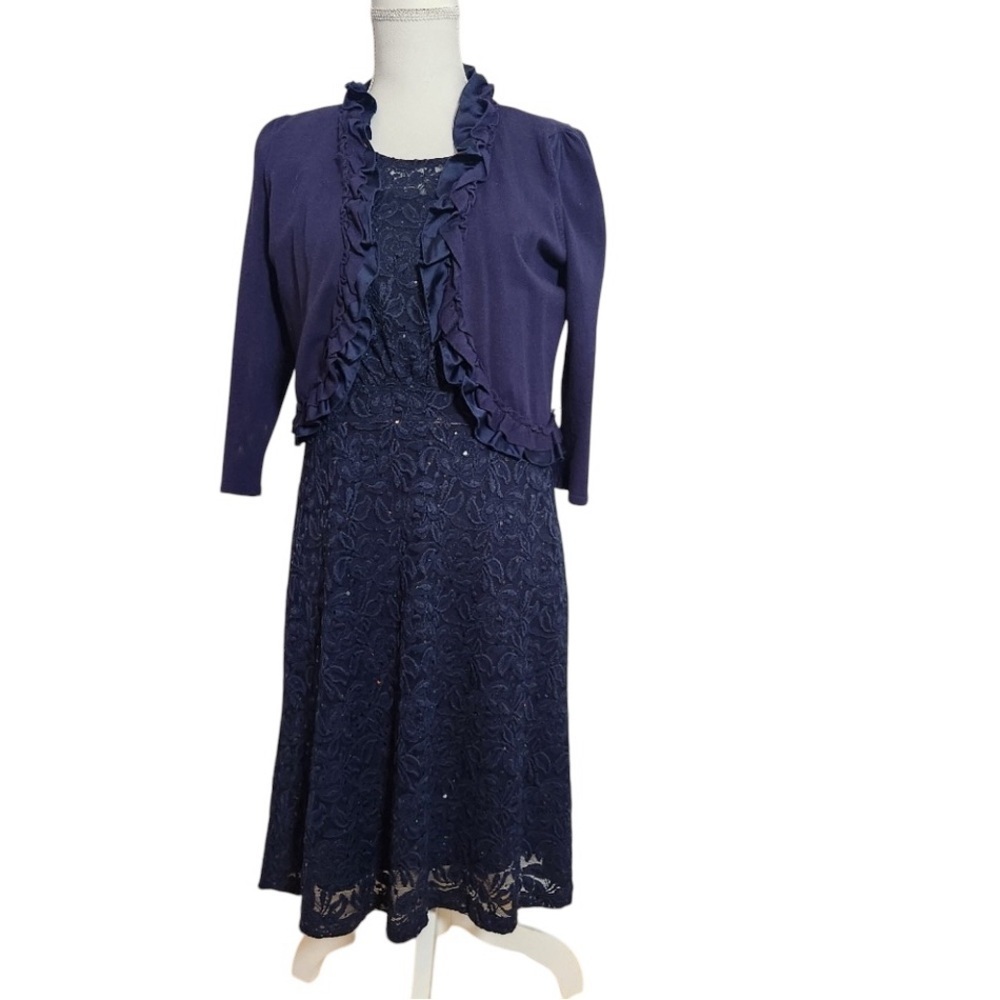 INC International Concepts navy blue sequin midi dress with jacket size 12